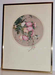John Cheng Watercolor on Silk & Matted Pair of Hummingbirds & Cherry Blossoms - Picture 1 of 8