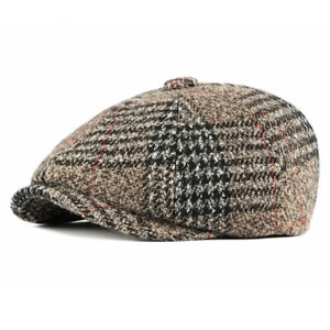 Vintage Men Wool Blend Newsboy Cap Baker Boy Cabbie Gatsby Plaid Beret Hat
