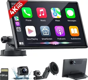 Upgraded 9" Portable Wireless CarPlay Android Auto 4k Car Stereo +Front&Back Cam - Picture 1 of 6