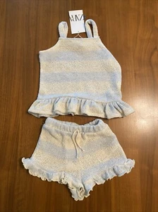 NWT New Zara Girl Ruffle Flowy Shorts Spaghetti Strap Tank Top Blue Knit Set 4-5 - Picture 1 of 9