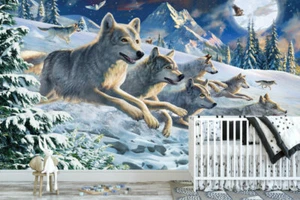 Moonlight Wolfpack Wall Mural Paper Nursery Decor Sticker Animal Art Decal AM14 - Picture 1 of 7