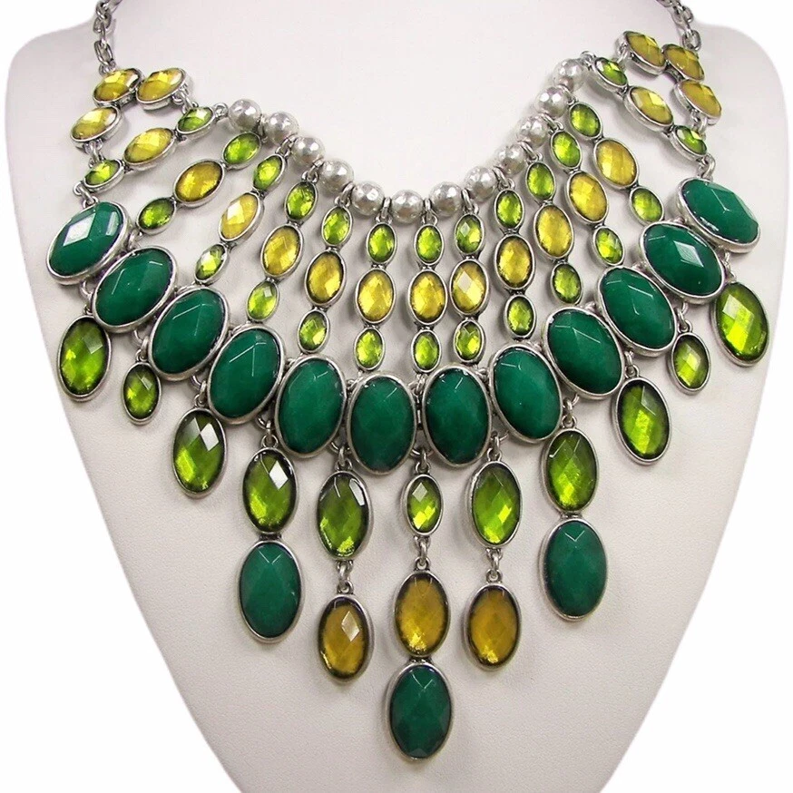Lucky Brand Green Yellow Stone Bib Collar Statement Necklace Silver Tone Metal - Изображение 1 из 1