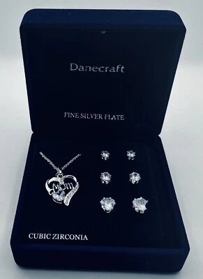 Fine Silver Plate Mom Heart Cubic Zirconia STUD Necklace and Earring set - Image 1 of 4