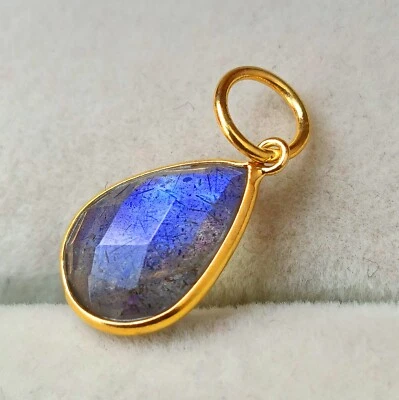 18K Solid Gold Labradorite Gemstone Charm Handmade Necklace Pendant - Image 1 of 4