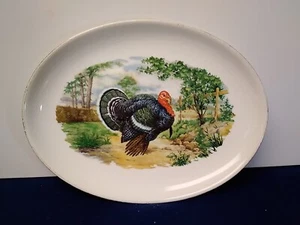 Oval Stoneware White Platter with Turkey and Outdoor Scene 13X10.75" - Picture 1 of 8