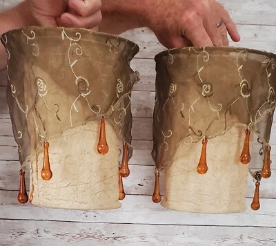 Juego de 2 prismas de lágrima de gota de lluvia ámbar pantallas de lámpara de tela beige vintage únicos Foto 1 de 4