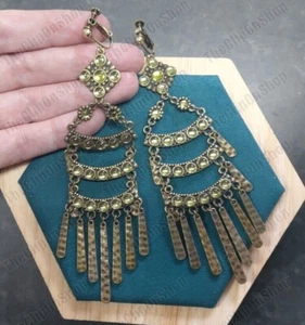 CLIP ON Huge Chandelier 5"Long BIG EARRINGS Faux Gem Green/Vintage Brass Large - Picture 1 of 20
