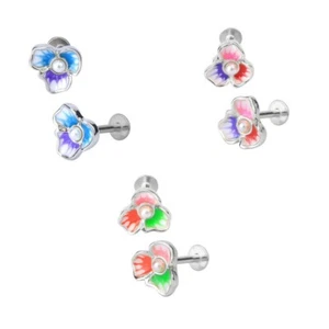 3- Five Petal Flowers with CZ Center 16 Gauge 1/4 Inch Barbell Labret Lip L228 - Picture 1 of 1