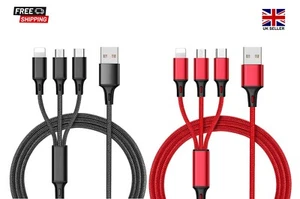 3 in 1 Multi Head USB Ladegerät Nylon Geflochten Ladekabel für die meisten Geräte UK - Bild 1 von 12