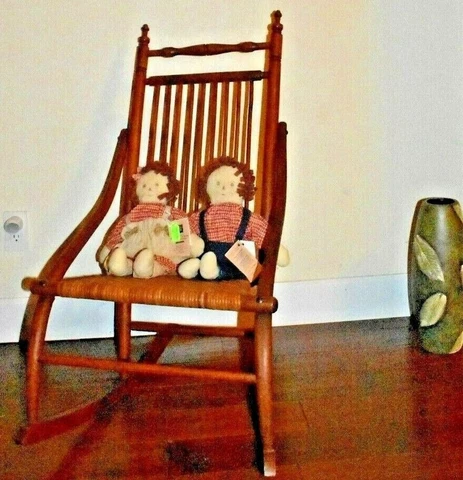 19th Century Antique Rocking Chair, Bentwood, Turned Tops, Wicker Seat, Original Cover