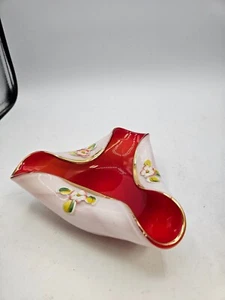 VTG. Murano Red Cased Glass Bowl w/Enamel Florals and Gold Trim - Picture 1 of 6