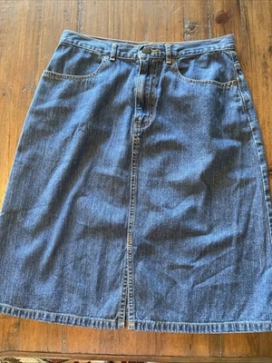 Eddie Bauer 牛仔裙女式 8 码牛仔布 100% 棉蓝色前开衩口袋 — 第 1/3 张图片