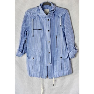 Joie Designer Blue Striped Anorak Barker Hooded Linen Jacket Blazer Size M - Picture 1 of 6