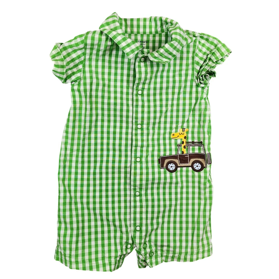 Mameluco para bebé Carters 12M verde a cuadros guinga safari jeep jirafa manga corta Foto 1 de 4