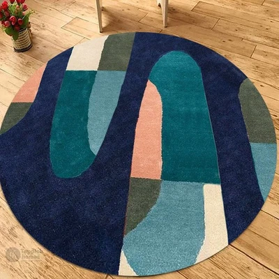 Alfombra redonda azul para salón - Alfombra geométrica acolchada en tamaños 7x7, 8x8, 9x9 Foto 1 de 4