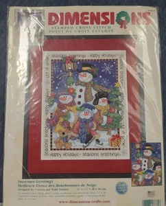 DIMENSIONS ~ “Snowmen Greetings” ~ Stamped Cross Stitch Kit #8665 ~ 11" x 14" - Picture 1 of 5