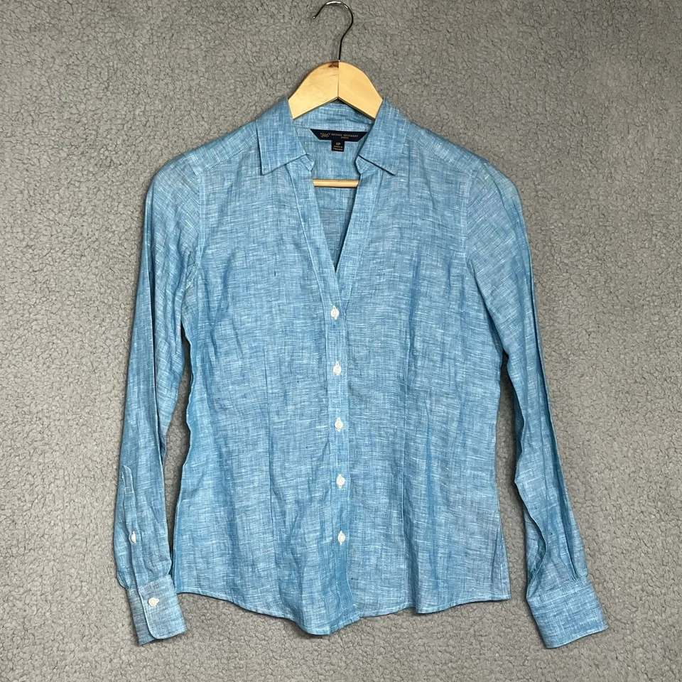 Женская рубашка Brooks Brothers размер 0 миниатюрный топ блузка 100% лен на пуговицах синяя - Изображение 1 из 4