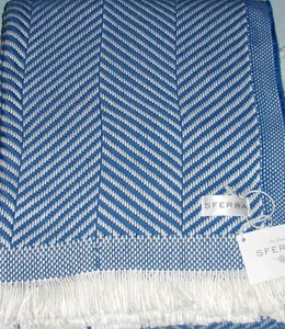 Sferra Costa Cotton Throw Blanket Ocean Blue Herringbone Weave Fringed 50x70 New - Picture 1 of 9