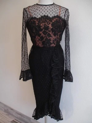 Women's XS S 10 Vtg 1970's Jack Bryan Sheer Polka-Dot Dress Tango Ruffled Black - Image 1 of 4