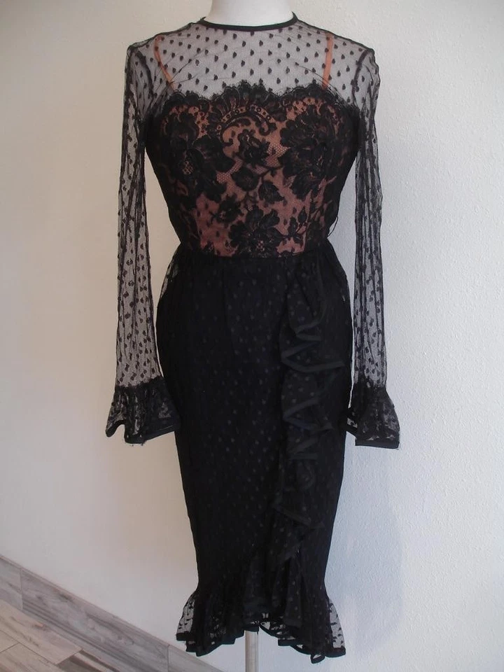 Women's XS S 10 Vtg 1970's Jack Bryan Sheer Polka-Dot Dress Tango Ruffled Black - Image 1 of 4