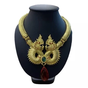 Naga Necklace Gold Plated Vintage Pendant Dragon Thai Buddha Amulet Jewelry - Picture 1 of 1