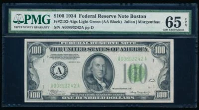 AC 1934 $100 Boston FRN LGS PMG 65 EPQ Light Green Seal LGS Fr 2152-A pop 4/5 - Image 1 of 2