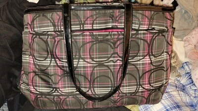 Coach Signature Pink/Teal/Black Tartan Multifunction Diaper Bag Handbag - Image 1 of 4