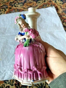 ANTIQUE COLONIAL WOMAN LAMP BASE PORCELAIN HOLDING PINK ROSES 5293 Germany - Picture 1 of 6