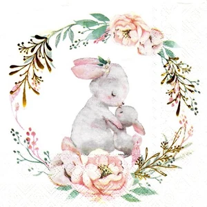Serviettes en papier lapins roses fleurs or. Paper napkins rabbit bunny flowers - Picture 1 of 1