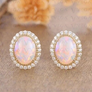 4.72Ct Oval Shape Natural Opal & Diamond Stud Earring 14K Solid Yellow Gold - Picture 1 of 9