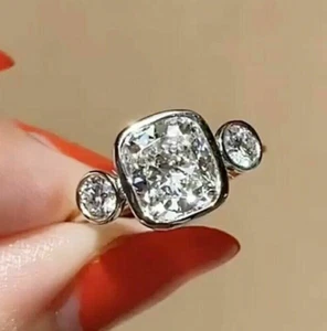 Bezel Set 3 Stone Engagement Ring Cushion & Round Cut Moissanite Wedding Ring - Picture 1 of 3