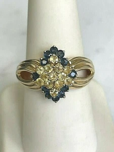 14K YELLOW GOLD YELLOW & BLUE TOPAZ COCKTAIL RING SIZE 8 - Picture 1 of 9