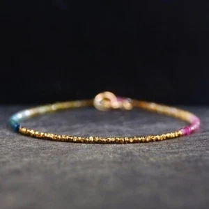 Gold Plated & Multi Tourmaline Faceted Round Gemstone Beads Women Bracelet 6-8" - Picture 1 of 10