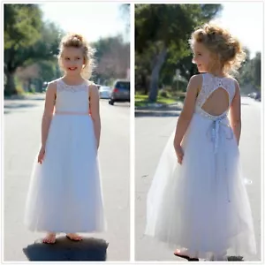 Lace Scoop Neck Keyhole Back Ivory A-Line Flower Girl Dress Birthday Girl Dress - Picture 1 of 26