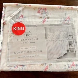 THE FARMHOUSE Rachel Ashwell Shabby Chic White Pink Blue Floral King Sheet Set - Picture 1 of 4