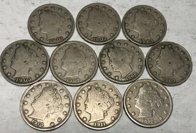 10 ALL DIFFERENT Liberty V nickels 1901-1912. VG-Fine, 6-letters L-BERTY.  #2 - Image 1 of 4