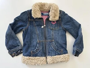 Vintage Girls ROXY Shaggy Faux Fur Lined Collar Zip Up Denim Jean Jacket Size 5 - Picture 1 of 6