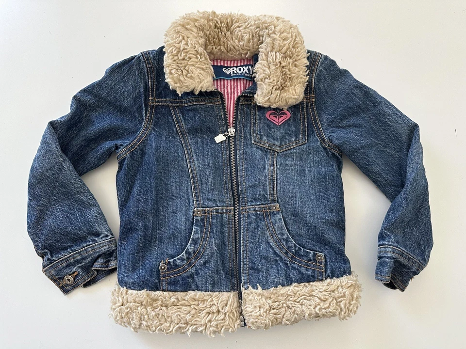 复古女孩 ROXY Shaggy 人造毛皮衬里领拉链牛仔牛仔夹克 5 码 — 第 1/4 张图片