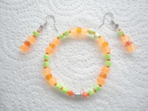 Handmade Orange Bead & Lime Green Bead Elasticated Bracelet & Earrings Set - Picture 1 of 3