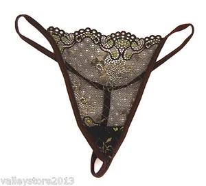 Pantillas tanga florales de encaje marrón transparente cuerda en G tanga ropa interior OS S M - Imagen 1 de 3