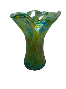 Glasauge Studio Kunst Glas gekräuselte Vase Öl Slick irisierend Rüschenrand 6" - Bild 1 von 7