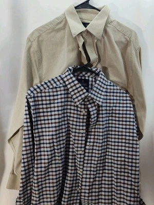 Lot of 2 Mens Stafford Shirts Oxford Travel 16.5 34/35 Brown Blue Plaid/ Beige - Image 1 of 4
