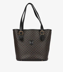 Celine Brown Macadam Monogram Coated Canvas & Black Calfskin Leather Vintage Buc - Picture 1 of 10