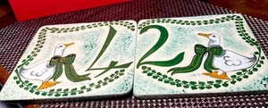 2 Hand-Painted Ceramic Tiles; House Numbers: 24 - 6 1/2x6 1/2" Unique DUCKS OOAK - Picture 1 of 6