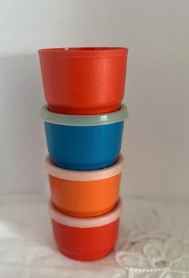 6 Vintage Tupperware Snack Cups Stackable 4 oz 1229 Blue 2 Red Orange - Image 1 of 4