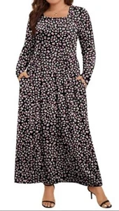 WOMENS LONG SLEEVE MAXI DRESS LOOSE LONG DRESSES WITH POCKETS Size 8-10 Floral - Picture 1 of 4