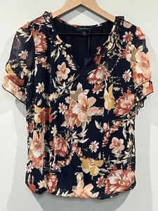 Tamara H NWT Navy Floral Blouse Size M Lined Sheer Short Sleeve Elastic Waist - Picture 1 of 11