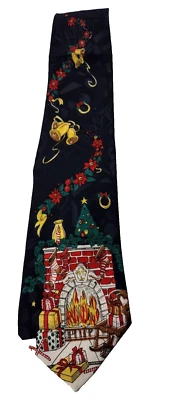 CORBATA DE SEDA NAVIDAD Chimenea Surrey Años 90 CORBATA De Colección Árbol Escena Regalos VIEJO MUNDO Foto 1 de 4
