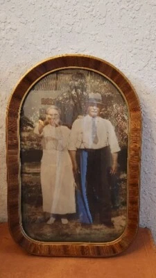 Antique Vtg Gold Trim Brown Frame Convex Glass Man Women Ancestor Photograph  - Image 1 of 4