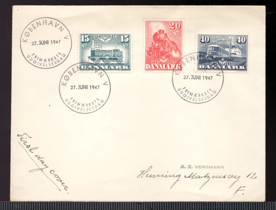 1947 Denmark FDC cover. Steam train, locomotive & tram stamps. Sc# 301-03 - Image 1 of 1